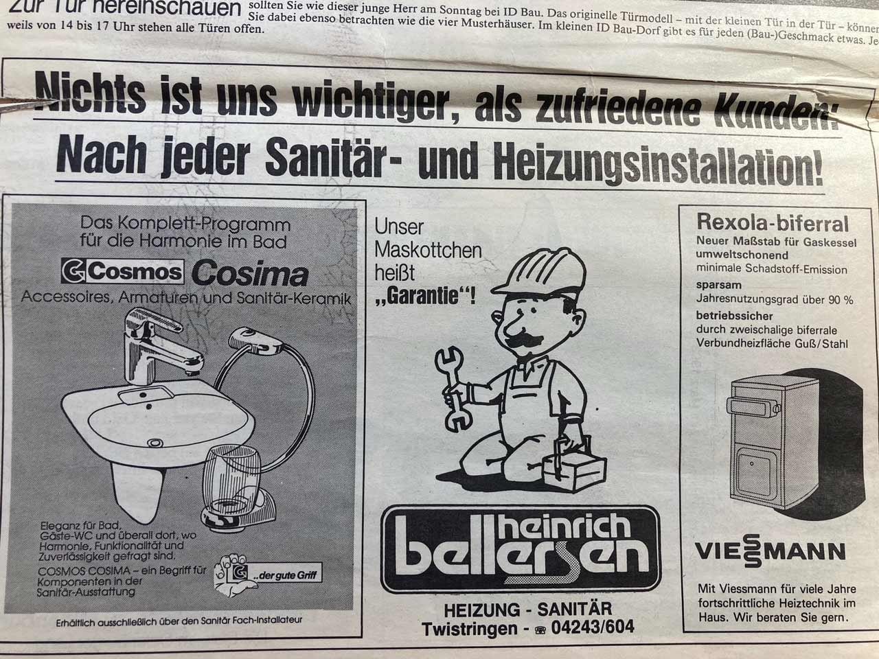 Eine Anzeige für Sanitär- und Heizungsinstallationen, die verschiedene Produkte und Dienstleistungen bewirbt.